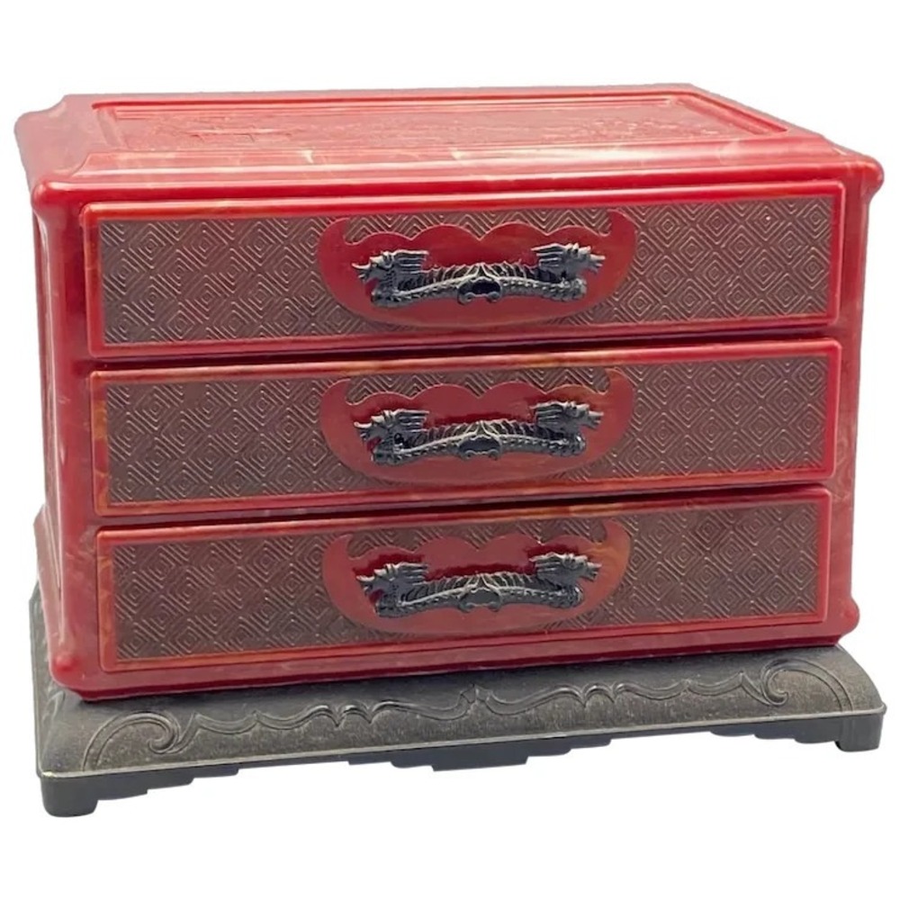 Vintage Red Marbled Plastic Jewelry Box Asian Theme Dragons‎ Raised Relief